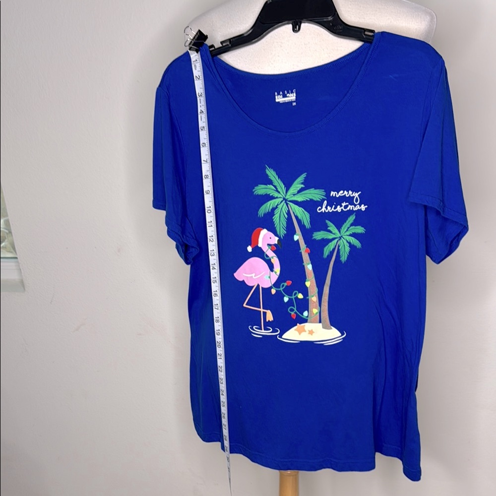 Basic Editions Royal Blue Top Merry Christmas palm trees, flamingo lights 3X